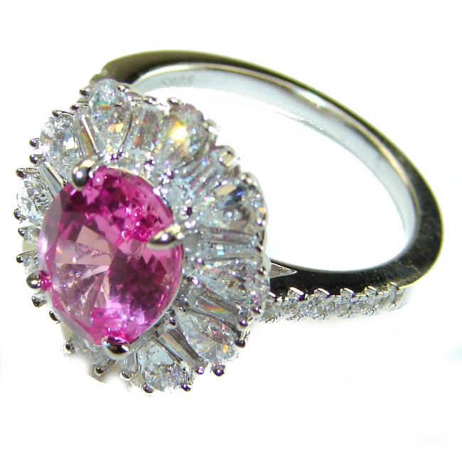 Blooming Beauty 5.8 carat oval cut Pink Sapphire .925 Silver handcrafted Cocktail Ring s. 7 1/4 - Side view of pink sapphire ring with diamond accents, 5.8 carat, .925 silver.