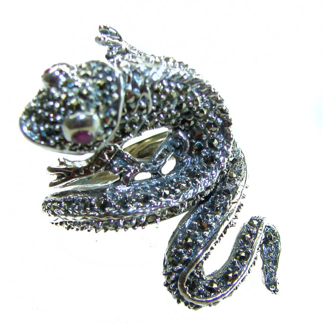 Lizard Natural Marcasite Ruby .925 Statement Sterling Silver ring size 8