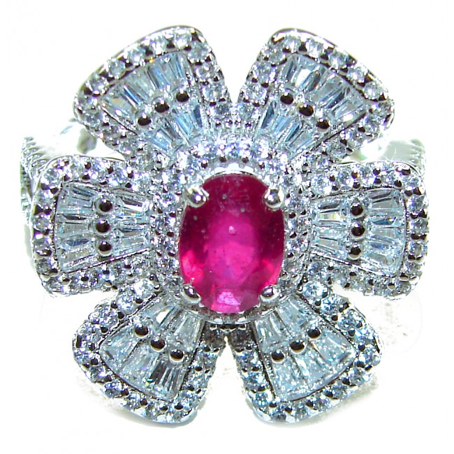 Art Deco - 6.8 carat Authentic Ruby .925 Sterling Silver Handcrafted Ring size 7 1/2 - Ruby and diamond flower ring, top view, in sterling silver.