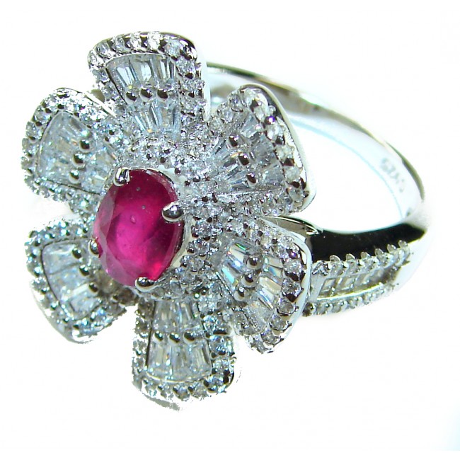 Art Deco - 6.8 carat Authentic Ruby .925 Sterling Silver Handcrafted Ring size 7 1/2 - Ruby ring with diamond accents, close-up, Art Deco style, sterling silver