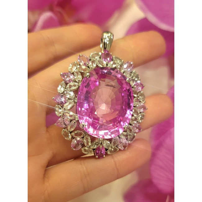 Royal Jewel - Large - Vintage style 49.5 CARAT Pink Sapphire .925 Sterling Silver handmade Pendant - Brooch