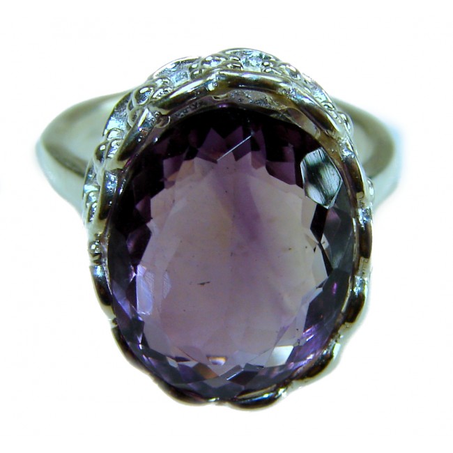 Purple Amethyst .925 Sterling Silver Handcrafted Large Ring size 7 1/2 - Purple amethyst .925 silver ring stone close-up, handcrafted design.
