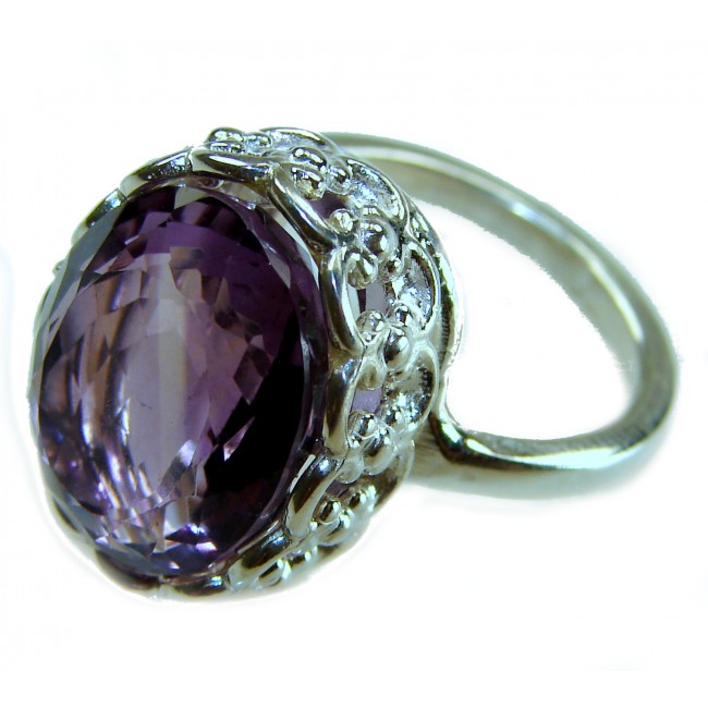Purple Amethyst .925 Sterling Silver Handcrafted Large Ring size 7 1/2 - Close-up of a purple amethyst set in a handcrafted sterling silver ring.