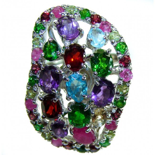 Fiesta Authentic 17.5 carat Multigem .925 Sterling Silver brilliantly handcrafted Large Ring size 8 3/4 - Colorful multigem ring close-up showing intricate gemstone arrangement
