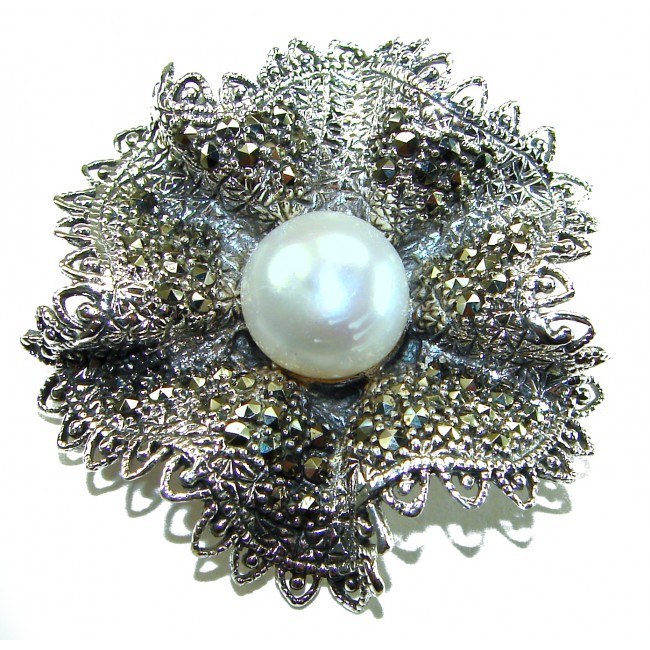 Genuine white Pearl Marcasite .925 Sterling Silver handcrafted Brooch