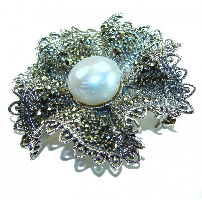 Genuine white Pearl Marcasite .925 Sterling Silver handcrafted Brooch