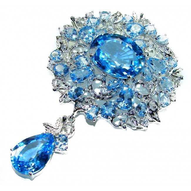 An exuberantly Large 70.9 grams Vintage style Swiss Blue Topaz .925 Sterling Silver handmade LARGE Pendant - Brooch