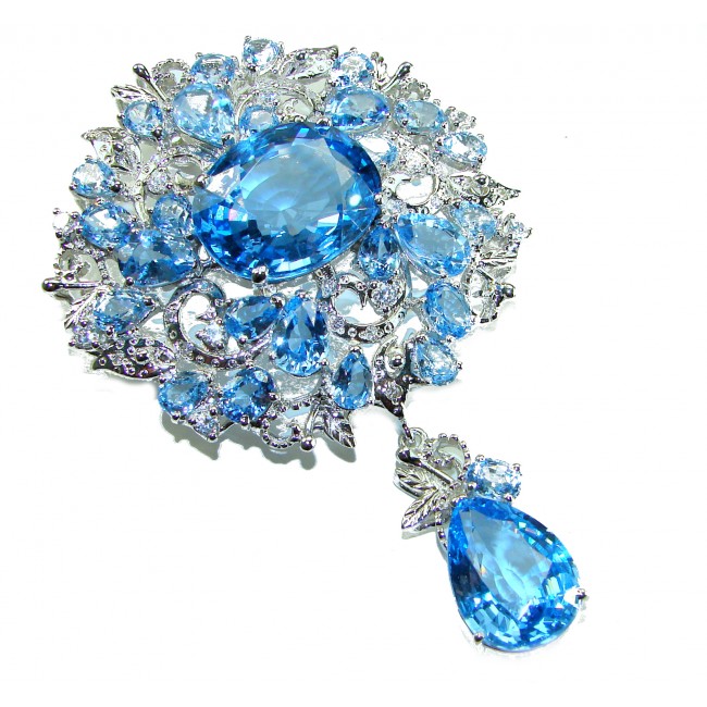 An exuberantly Large 70.9 grams Vintage style Swiss Blue Topaz .925 Sterling Silver handmade LARGE Pendant - Brooch