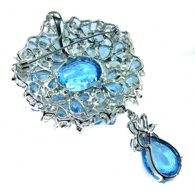 An exuberantly Large 70.9 grams Vintage style Swiss Blue Topaz .925 Sterling Silver handmade LARGE Pendant - Brooch