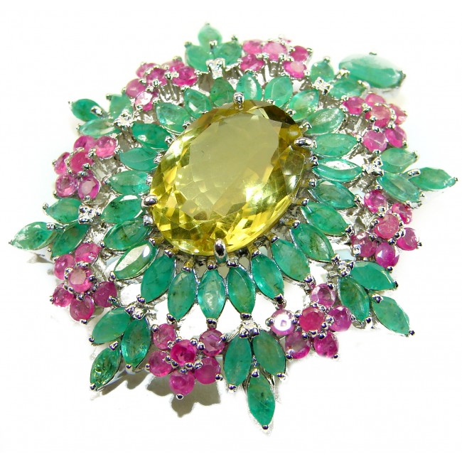 Vintage Design Genuine 24.5 carat precious Citrine Emerald .925 Sterling Silver handmade Pendant