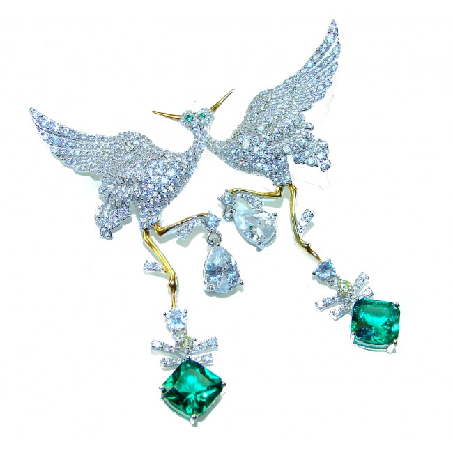Magestic Herons Genuine 5.9 carat Emerald 2 tones .925 Sterling Silver earrings