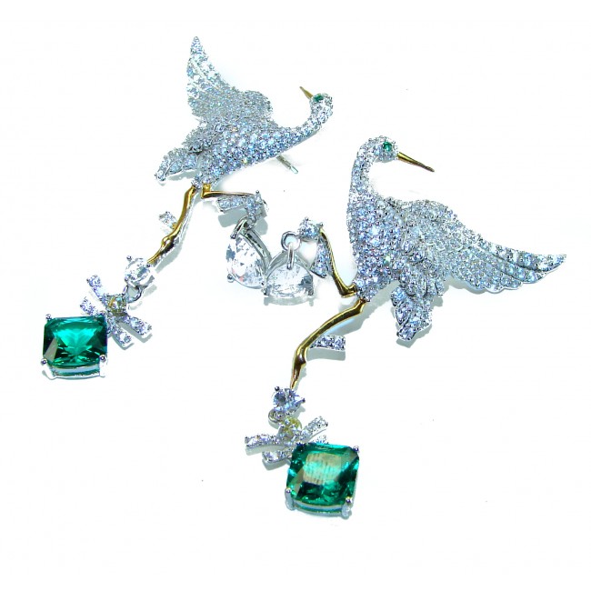 Magestic Herons Genuine 5.9 carat Emerald 2 tones .925 Sterling Silver earrings