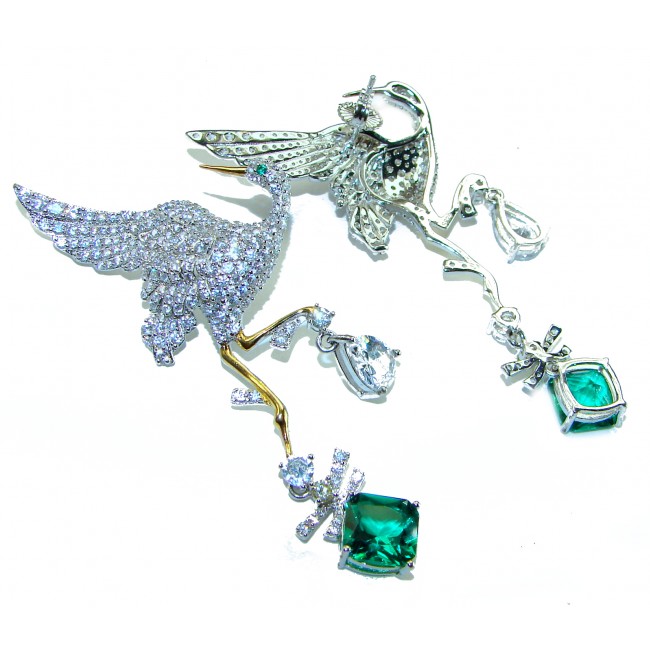 Magestic Herons Genuine 5.9 carat Emerald 2 tones .925 Sterling Silver earrings