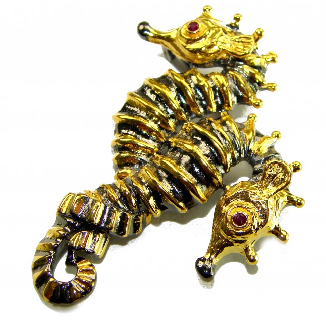 Two Seahorses Excellent 0.5 carat Ruby 14K Gold over .925 Sterling Silver handcrafted Pendant Brooch