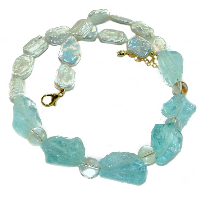 Sky and Ocean authentic rough Aquamarine Mother of Pearl 10k Gold over .925 Sterling Silver handcrafted STATEMENT Necklace - photo 3