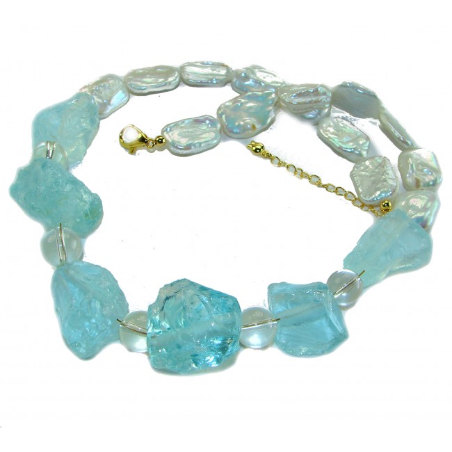 Sky and Ocean authentic rough Aquamarine Mother of Pearl 10k Gold over .925 Sterling Silver handcrafted STATEMENT Necklace - photo 2