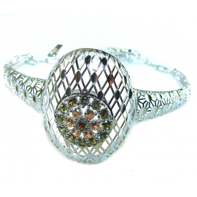 Aphrodite - Solid 4.5 multicolor Sapphire .925 Sterling Silver handcrafted Bracelet - Top view of bracelet with multicolor sapphire and lattice design