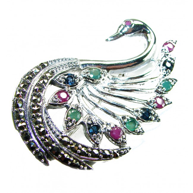 Perfect Swan Ruby 18K Gold over .925 Sterling Silver handmade Pendant Brooch