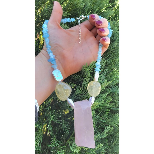 Bochic style Outstanding 255.8 carat Brazilian Rose Quartz .925 Sterling Silver handcrafted Statement necklace; 155.8 grams