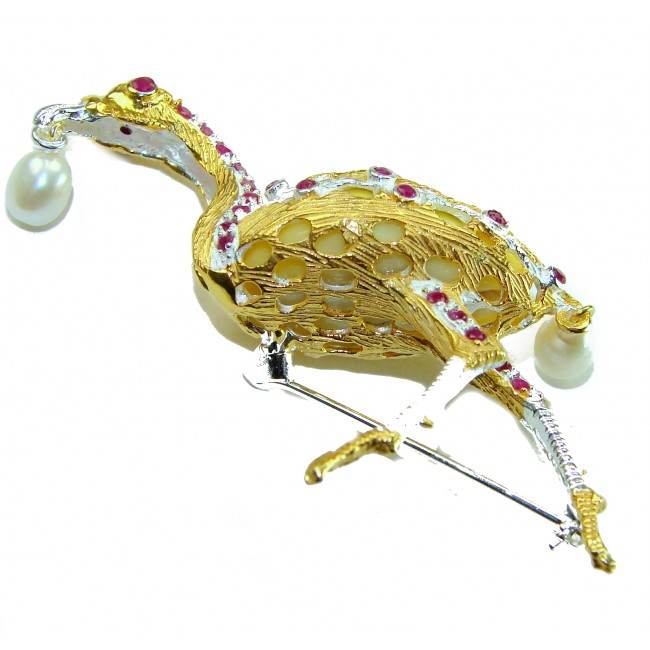 Precious Heron Natural Sea Shell 2 tones .925 Sterling Silver Brooch
