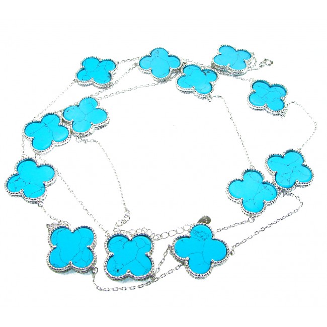 38 inches Outstanding authentic inlay Turquoise Lucky Four Leaf Clover .925 Sterling Silver necklace