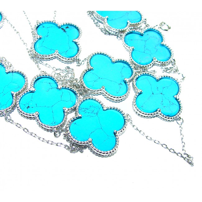 38 inches Outstanding authentic inlay Turquoise Lucky Four Leaf Clover .925 Sterling Silver necklace