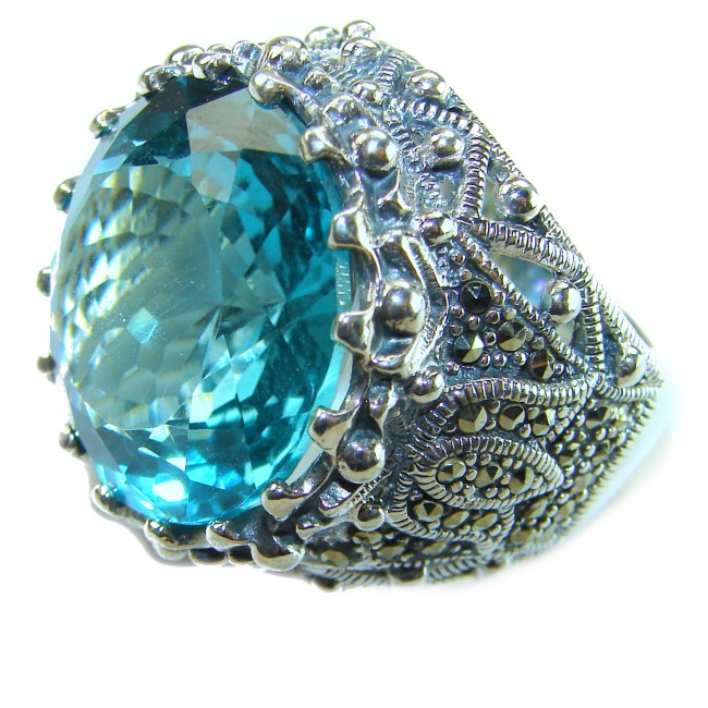 Massive Deep Blue 41.8 carat Aquamarine .925 Sterling Silver handcrafted Large ring size 9