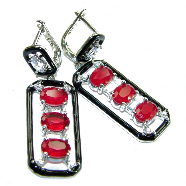 Art Deco 8.2 carat Ruby black enamel .925 Sterling Silver handcrafted earrings - Art Deco ruby earrings, black enamel, sterling silver, front view.