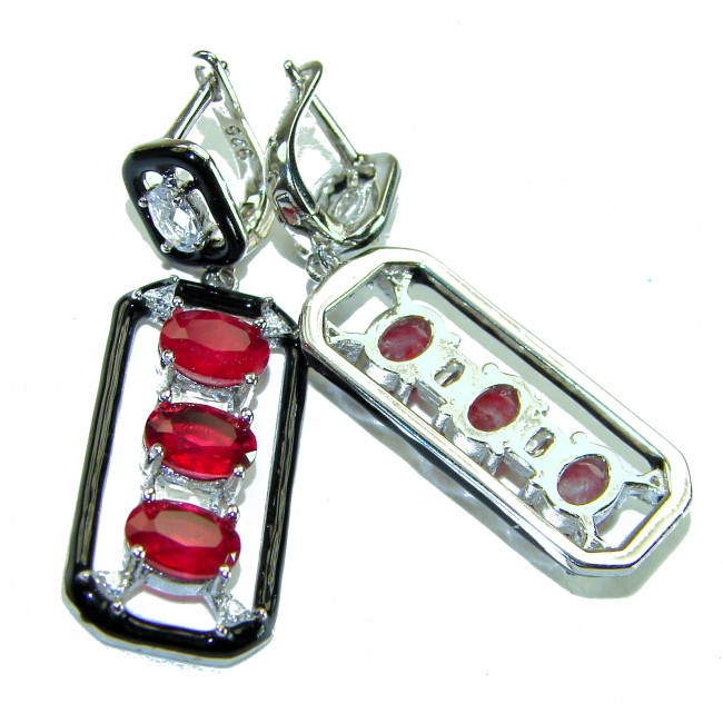 Art Deco 8.2 carat Ruby black enamel .925 Sterling Silver handcrafted earrings - Art Deco ruby earrings with black enamel, front view.