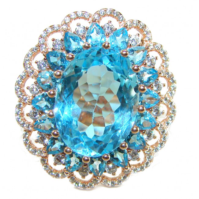 Endless Ocean Natural 14.4 carat Swiss Blue Topaz .925 Sterling Silver dipped in 18K Gold handmade Large Statement Ring size 6 1/4