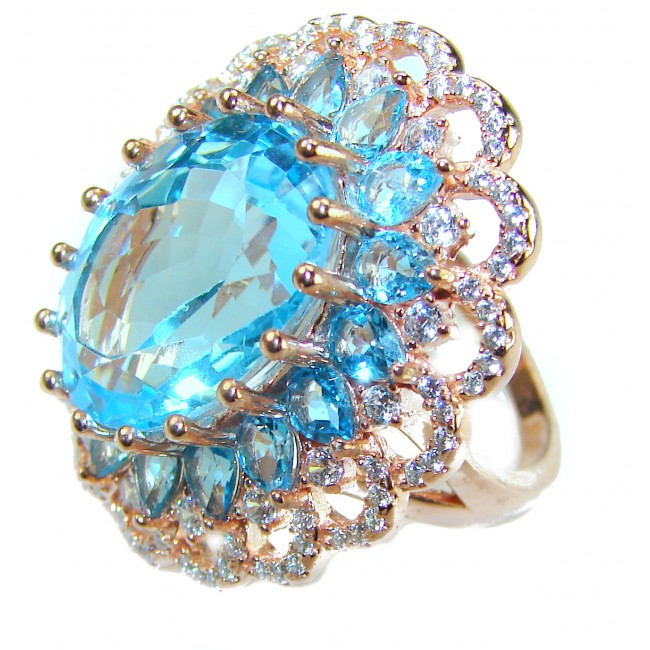 Endless Ocean Natural 14.4 carat Swiss Blue Topaz .925 Sterling Silver dipped in 18K Gold handmade Large Statement Ring size 6 1/4