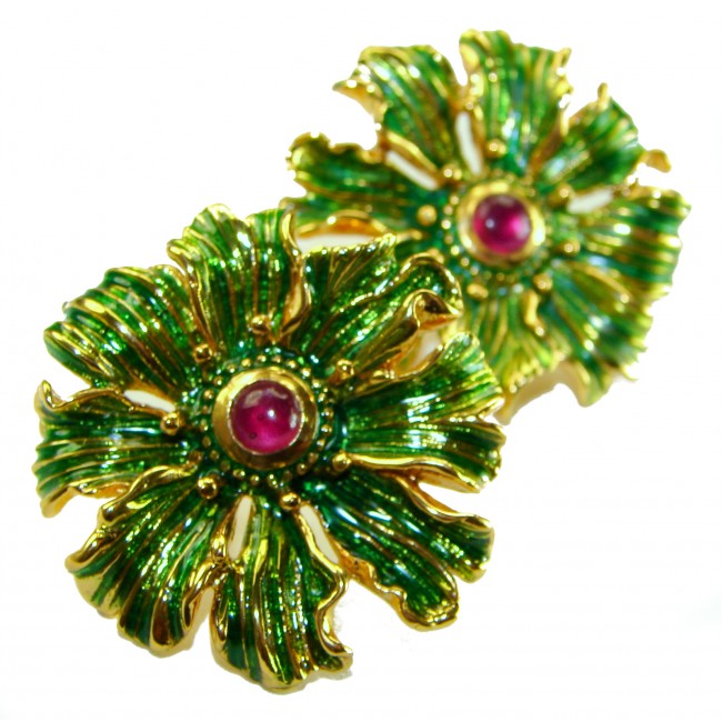 Back to Nature - authentic 2.5 carat Ruby Enamel 18K Gold over .925 Sterling Silver handcrafted Large Statement earrings