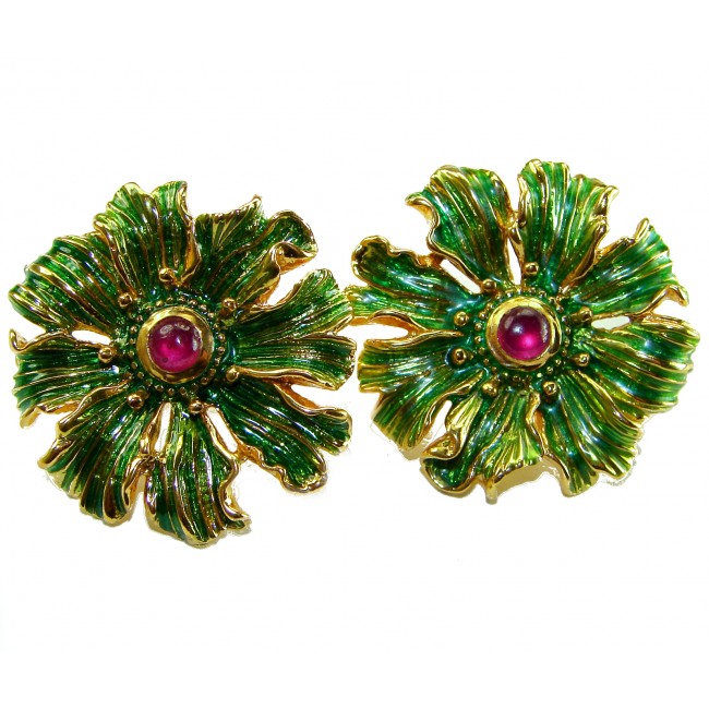 Back to Nature - authentic 2.5 carat Ruby Enamel 18K Gold over .925 Sterling Silver handcrafted Large Statement earrings
