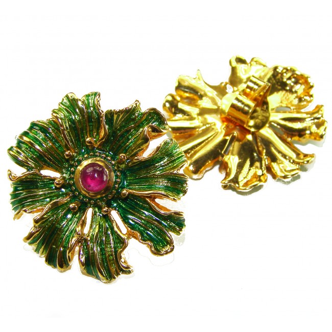 Back to Nature - authentic 2.5 carat Ruby Enamel 18K Gold over .925 Sterling Silver handcrafted Large Statement earrings