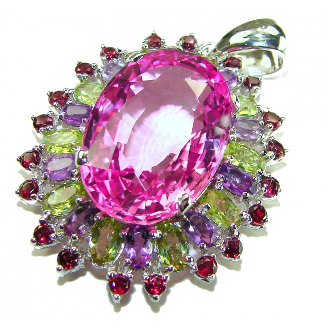 Royal Jewel - Large - Posh rose - 33.5 CARAT Pink Sapphire .925 Sterling Silver handmade Pendant - Close-up of Royal Jewel pendant with pink sapphire and colorful gems.