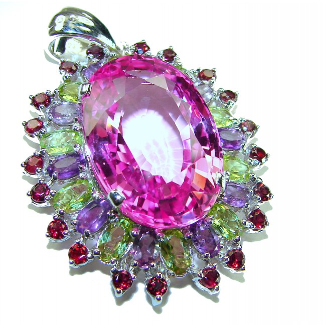 Royal Jewel - Large - Posh rose - 33.5 CARAT Pink Sapphire .925 Sterling Silver handmade Pendant - Close-up of a pink sapphire pendant with mixed gemstone halo
