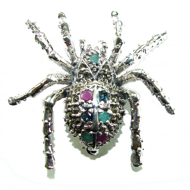Large Black Widow Spider genuine Ruby .925 Sterling Silver handmade Pendant - Brooch - Silver spider brooch with gemstones, top view, intricate detailing.