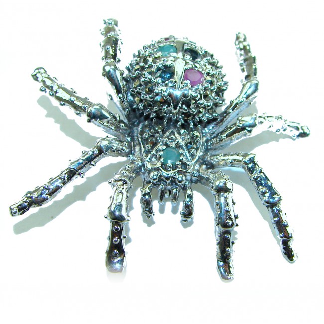 Large Black Widow Spider genuine Ruby .925 Sterling Silver handmade Pendant - Brooch - Spider brooch in sterling silver with ruby, top view.