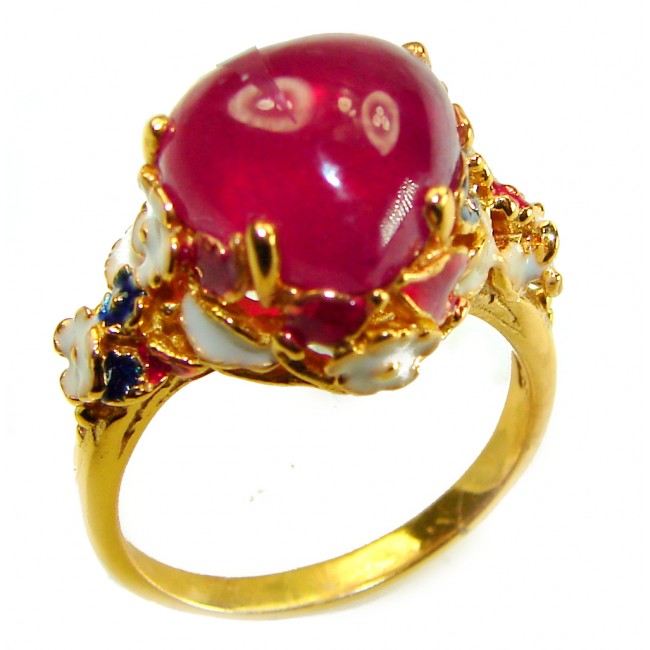 Enchanted Heart 8.3 carat Ruby white coral Enamel 18K Gold over .925 Sterling Silver Huge handcrafted Ring s. 7
