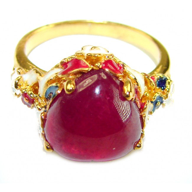 Enchanted Heart 8.3 carat Ruby white coral Enamel 18K Gold over .925 Sterling Silver Huge handcrafted Ring s. 7