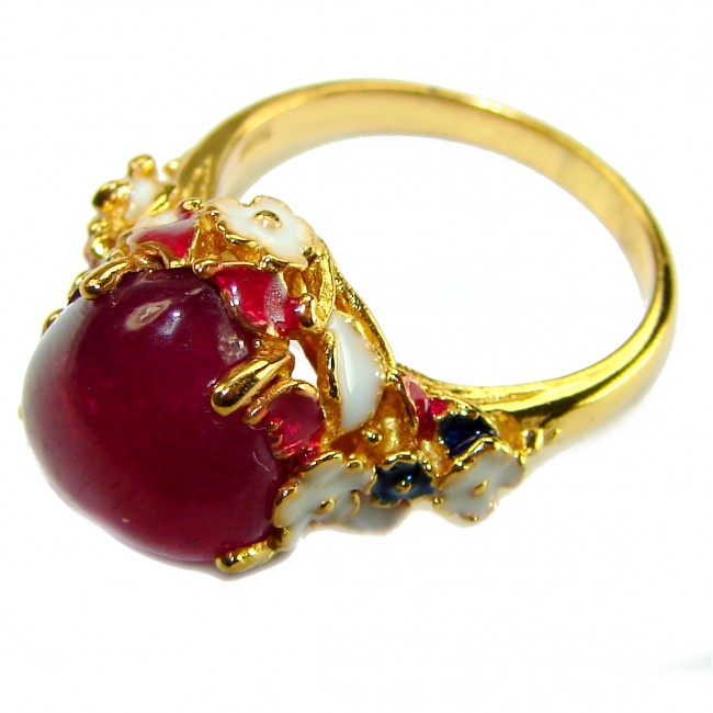 Enchanted Heart 8.3 carat Ruby white coral Enamel 18K Gold over .925 Sterling Silver Huge handcrafted Ring s. 7