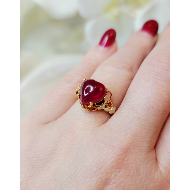 Enchanted Heart 8.3 carat Ruby white coral Enamel 18K Gold over .925 Sterling Silver Huge handcrafted Ring s. 7