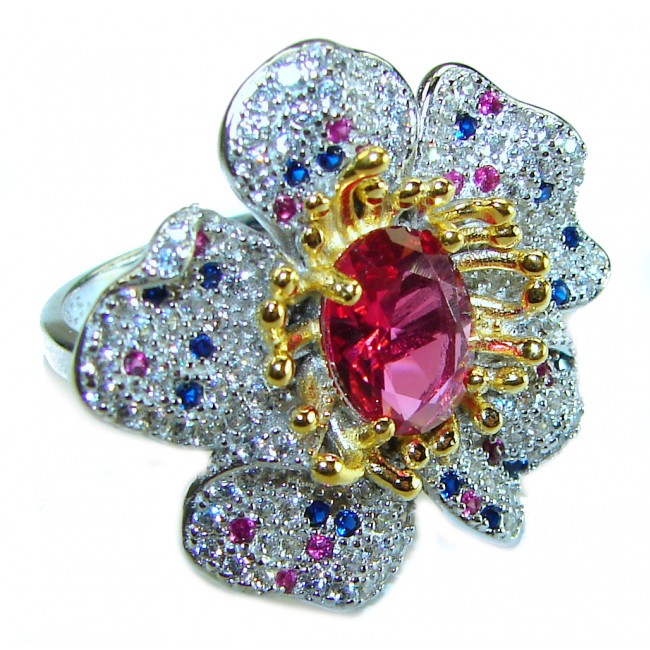 4.2 carat oval cut Brazilian Pink Tourmaline 2 tones .925 Silver handcrafted Cocktail Ring s. 6 1/4