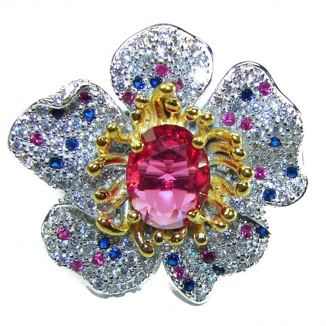 4.2 carat oval cut Brazilian Pink Tourmaline 2 tones .925 Silver handcrafted Cocktail Ring s. 6 1/4