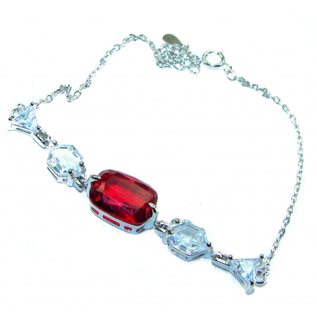 9.5 carat Ruby .925 Sterling Silver handmade Statement Bracelet - Ruby and clear stones bracelet, top view, silver chain and clasp detail