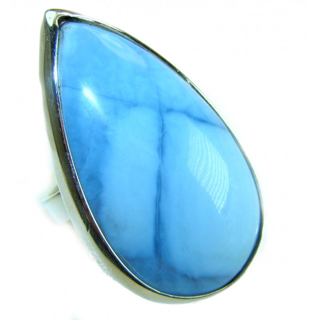 Rare and Spectacular 48.9 carat authentic Andean (Peruvian) Blue Opal .925 Sterling Silver Handcrafted Ring size 7 - Close-up of 48.9 carat Andean blue stone in a silver setting.
