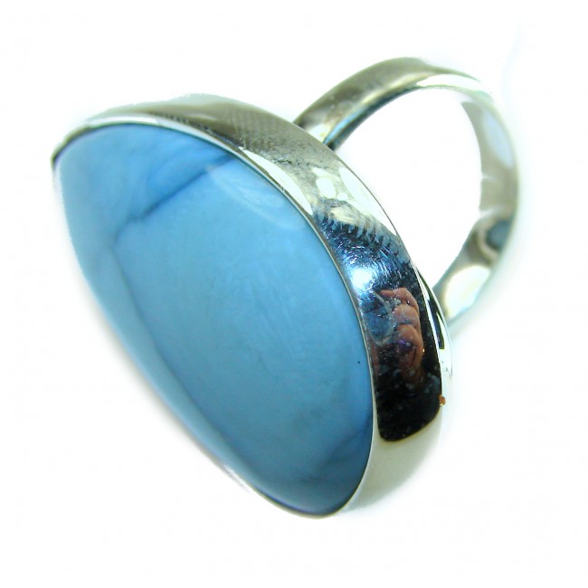 Rare and Spectacular 48.9 carat authentic Andean (Peruvian) Blue Opal .925 Sterling Silver Handcrafted Ring size 7 - Side view of silver ring with blue Andean stone, 48.9 carats.