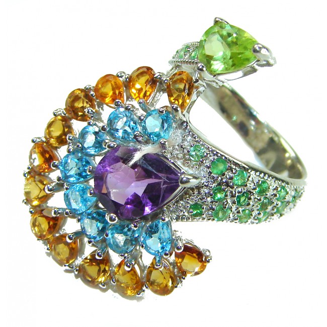 Peacock tail 14.2 carat Amethyst .925 Sterling Silver Handcrafted Large Ring size 7