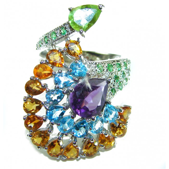 Peacock tail 14.2 carat Amethyst .925 Sterling Silver Handcrafted Large Ring size 7