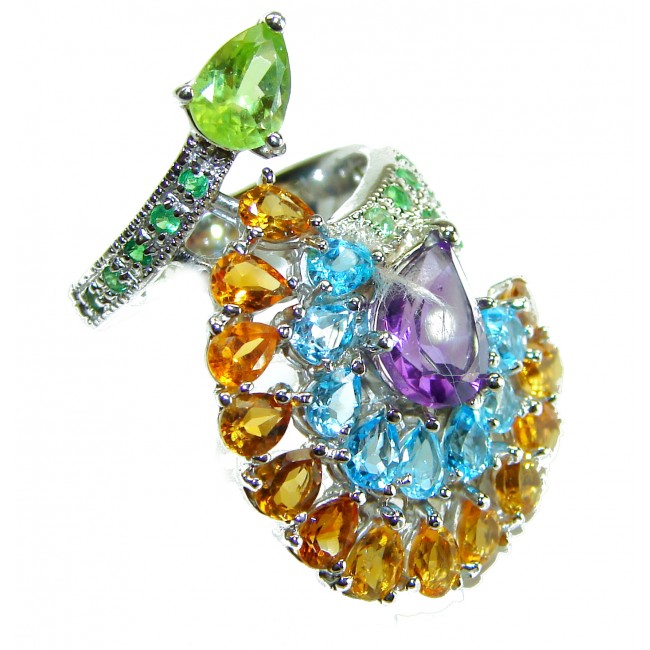 Peacock tail 14.2 carat Amethyst .925 Sterling Silver Handcrafted Large Ring size 7